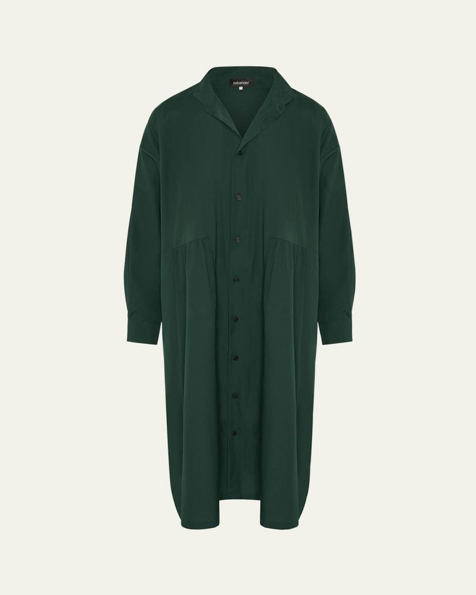 Double Stand Collar Midi Shirtdress With Pleated Layer